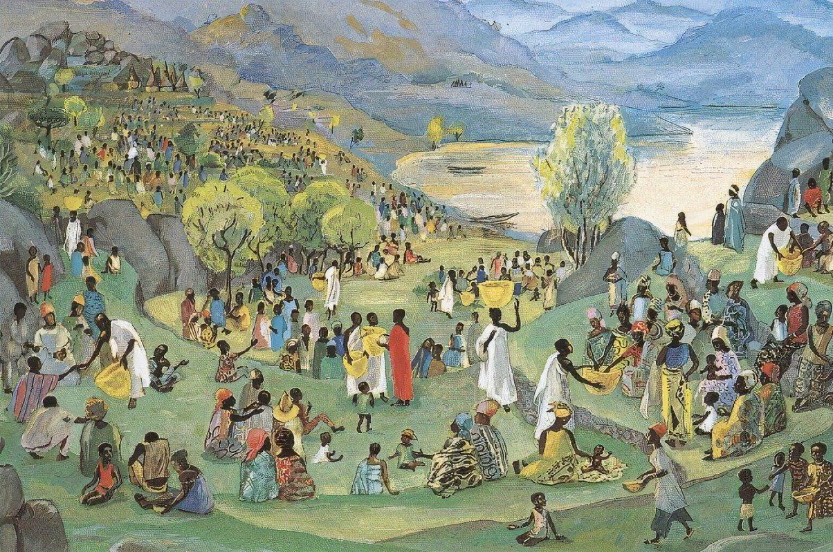 People gathered in a green valley, with hills and water in the background. Bright colors and diverse clothing.