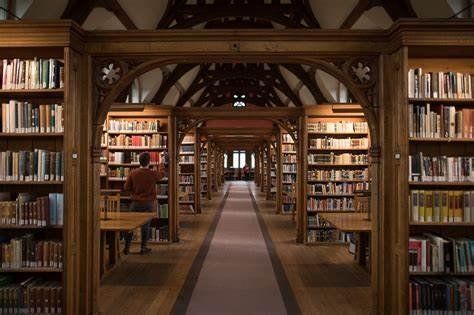 Library with arched wooden bookshelves and a person browsing books in the aisle.