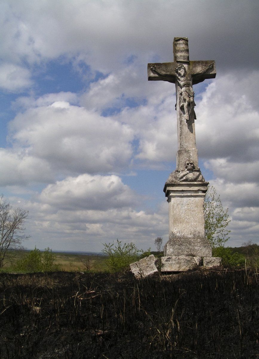 Stone crucifix against a cloudy sky, standing in a field of charred grass and low shrubs.