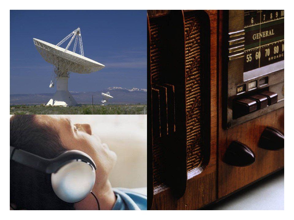 Radio telescope, person wearing headphones, and antique radio.