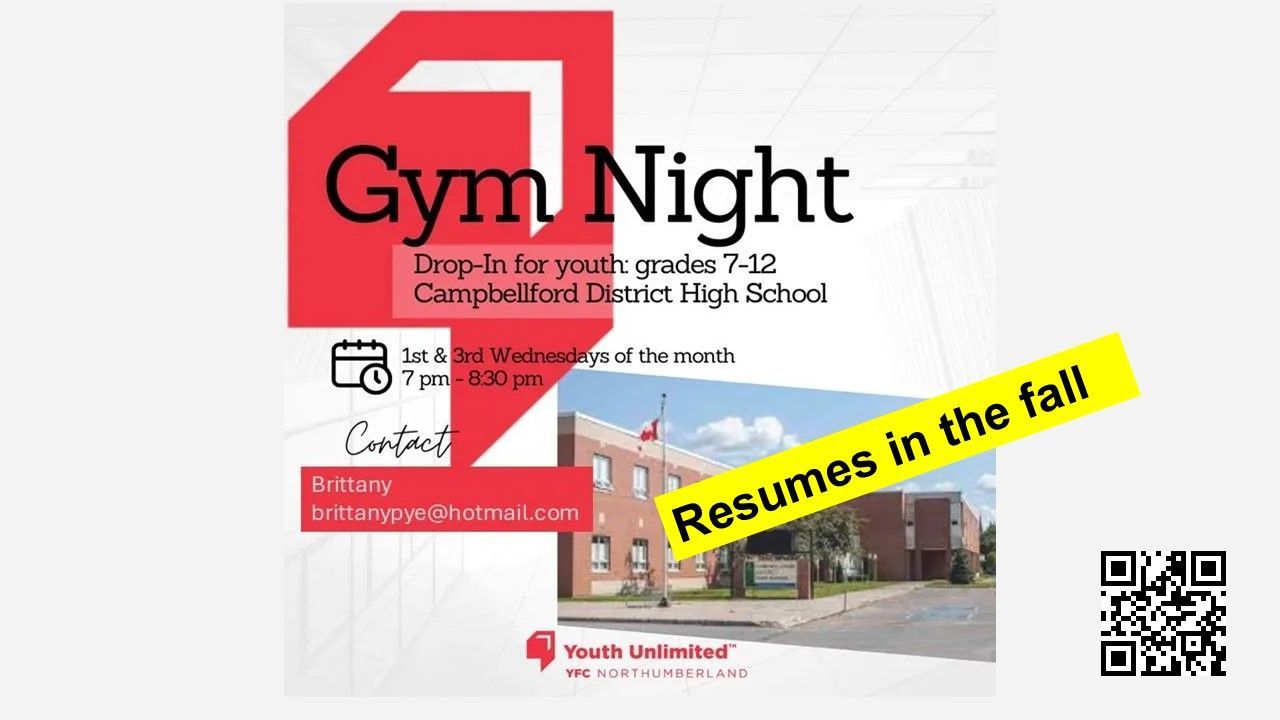 Flyer for Gym Night at Campbellford District High School. Drop-in for youth in grades 7-12. Red, black, and white design.