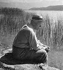 Man in hat sitting by a lake, looking down. Tall reeds in foreground, mountains and water in background.