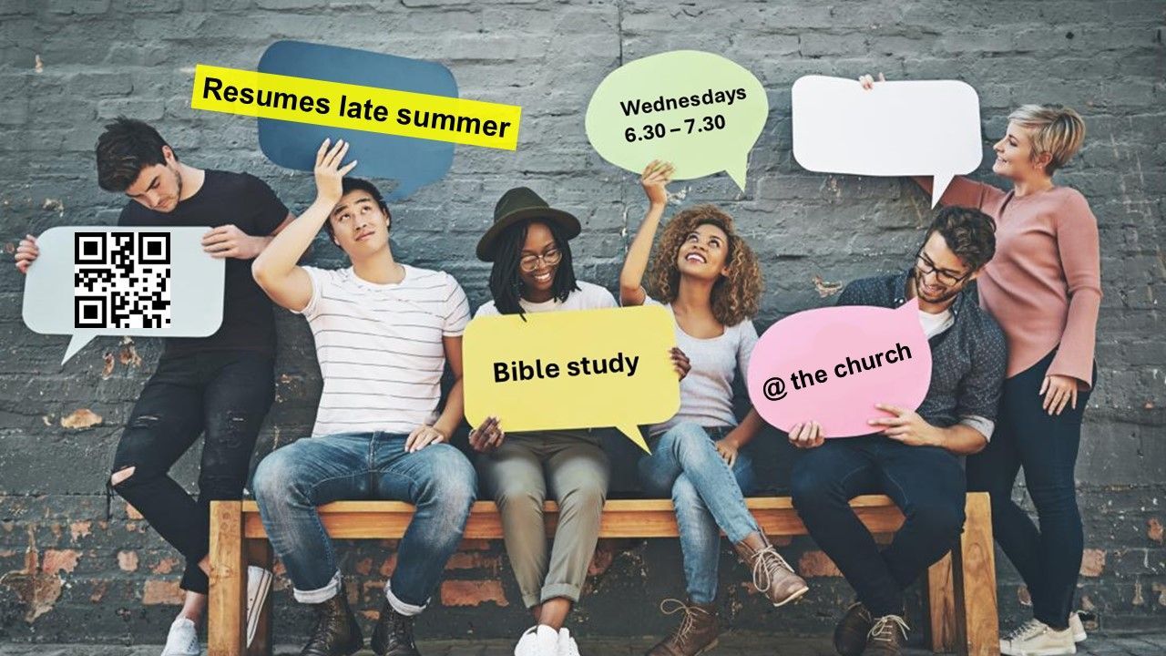 Group of people holding speech bubbles promoting Bible study.