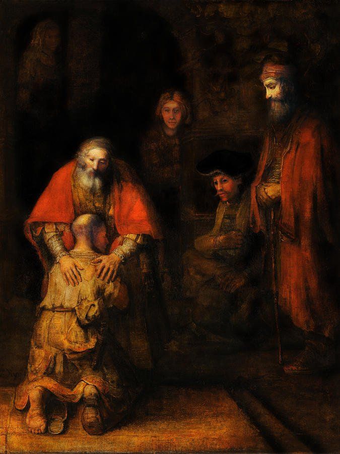 Man kneels, embraced by older man in red. Others observe in dim room.