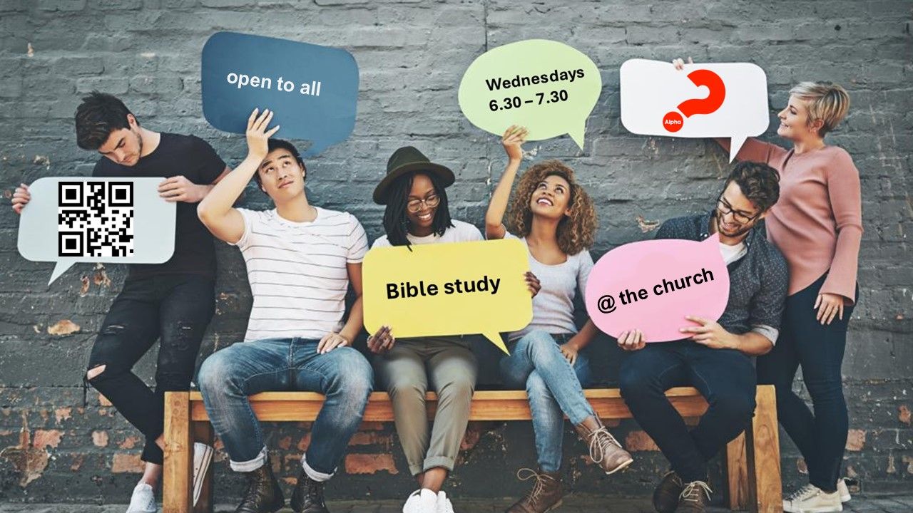 Group of people holding speech bubbles promoting Bible study.