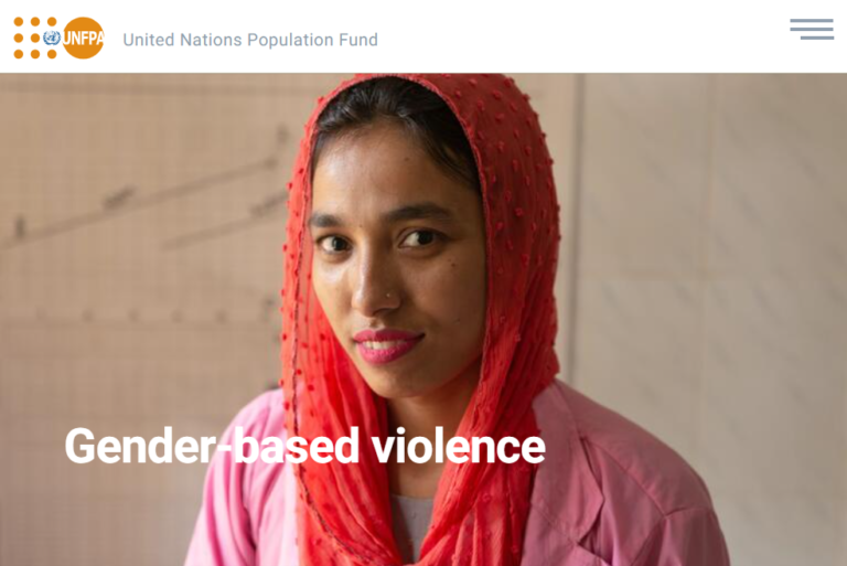 Woman in red headscarf, pink shirt, smiling. Text: Gender-based violence. UNFPA logo top left.