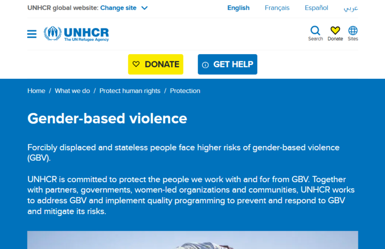UNHCR webpage on Gender-based violence. Text and logo with 