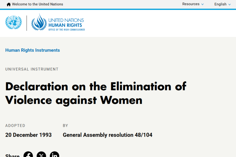 United Nations Human Rights page: Declaration on the Elimination of Violence against Women, adopted December 20, 1993.