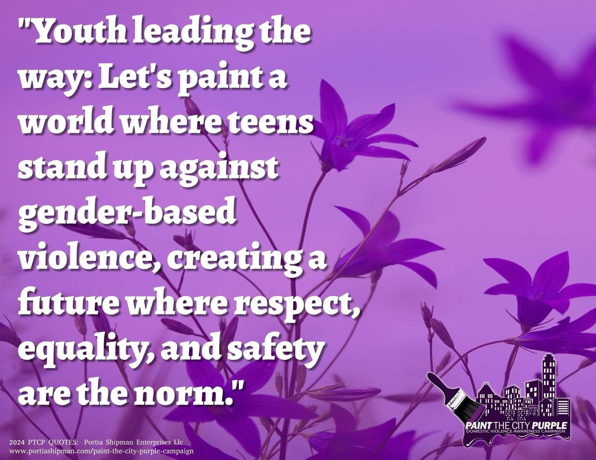 Purple flowers and text advocating for teens to combat gender-based violence.