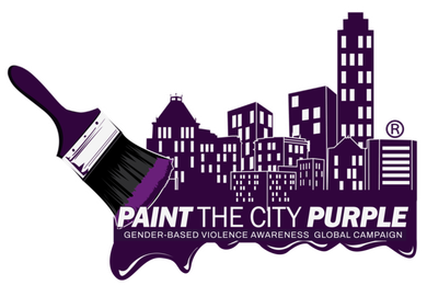 Purple paintbrush painting a purple city skyline; 
