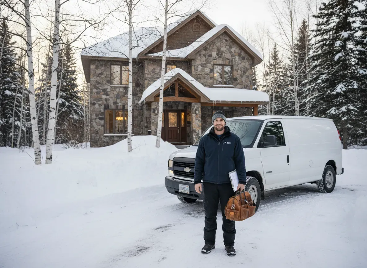 Person standing by a white van in front of a stone house in a snowy driveway