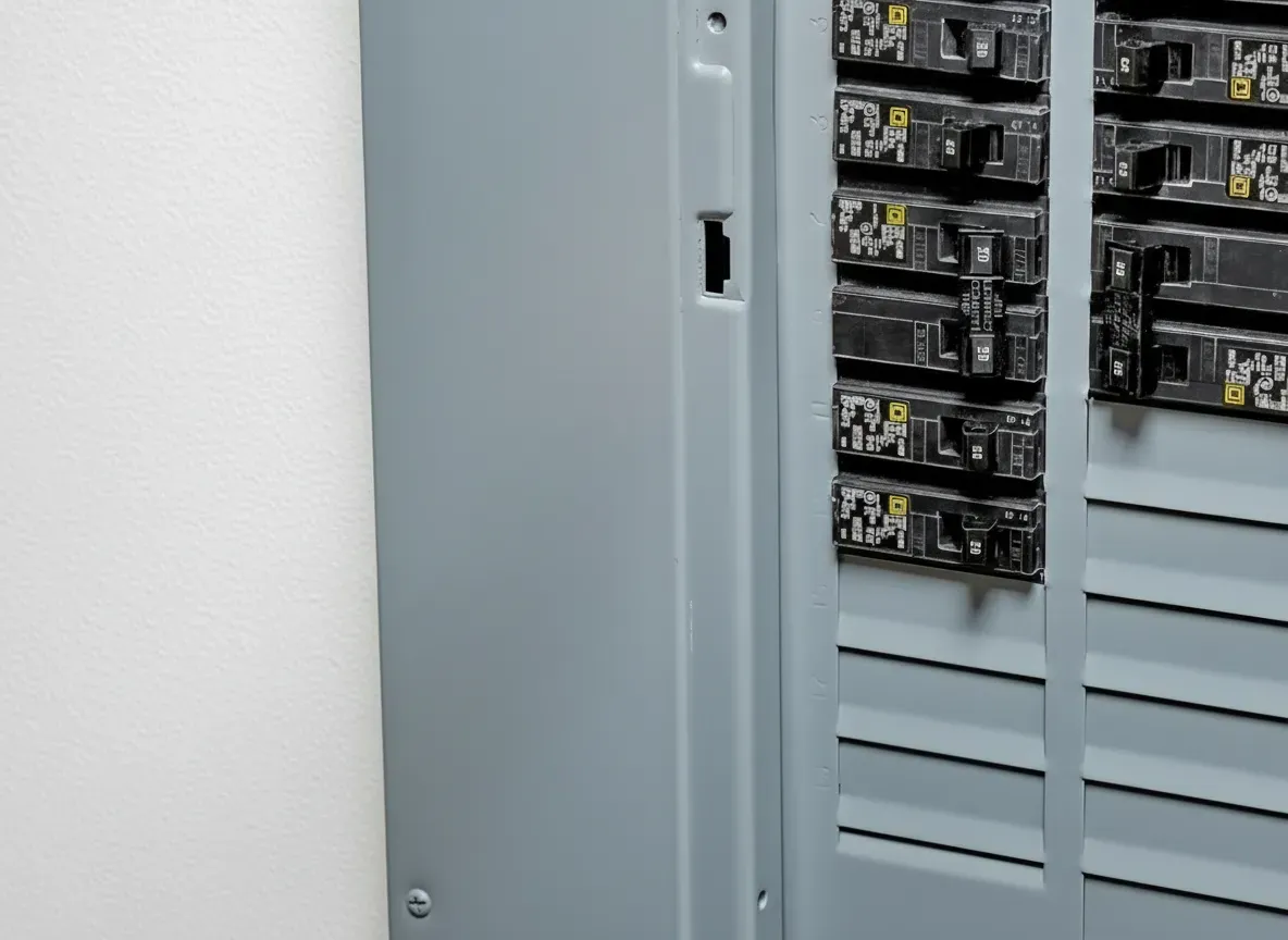 Open electrical breaker panel with rows of black circuit breakers and gray metal cover
