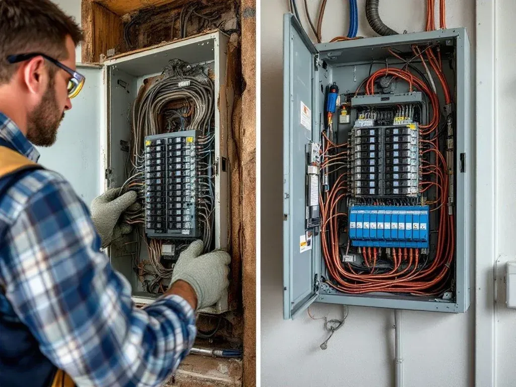Technician wiring an electrical panel in a wall-mounted cabinet