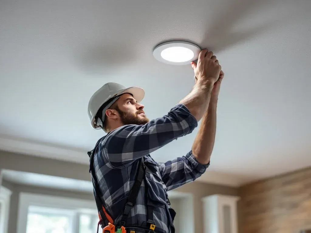 Worker installing a recessed ceiling light in a room with white ceiling and wood accent wall