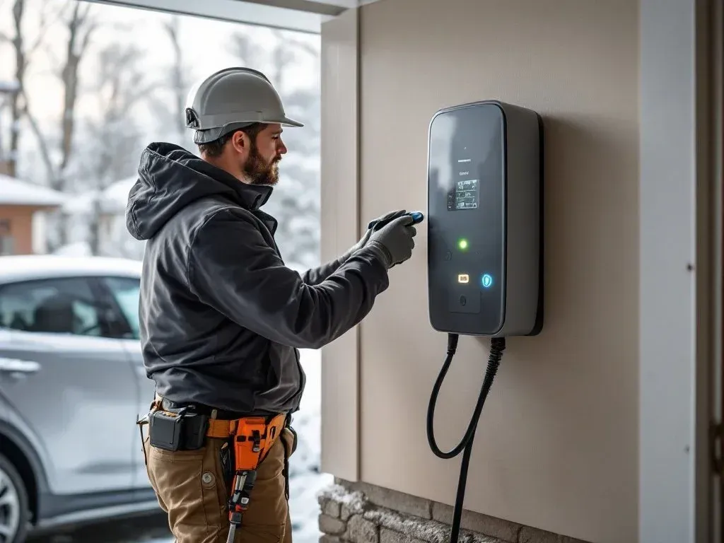 Technician inspecting a wall-mounted electric vehicle charger in a garage near a parked car