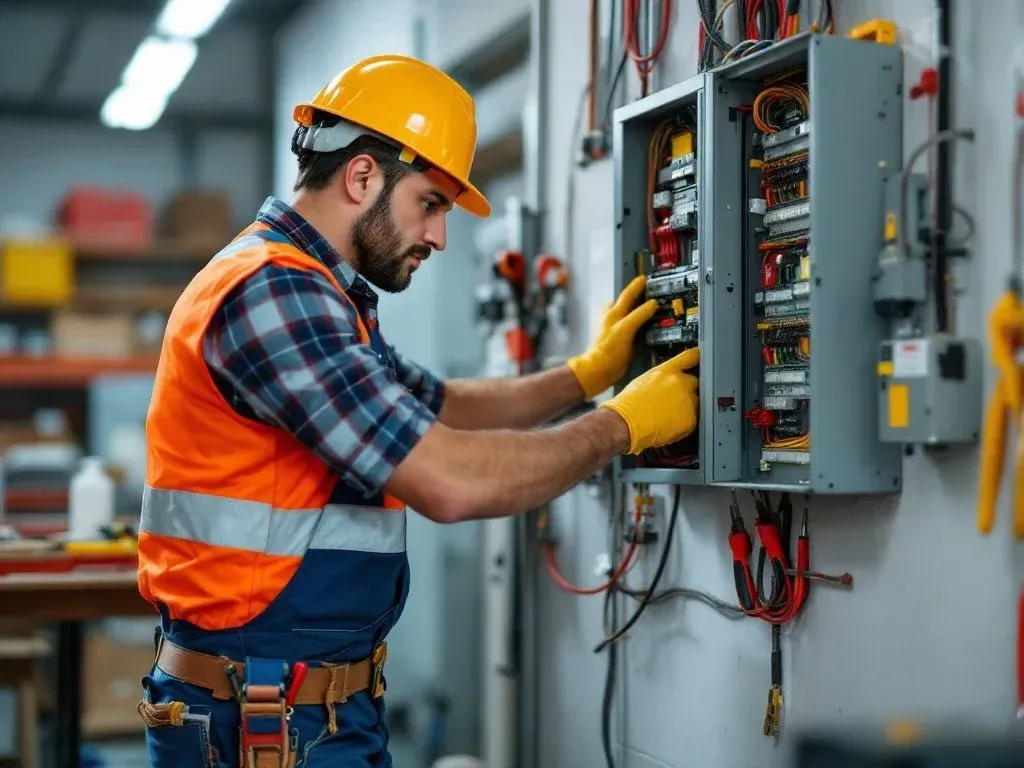 Worker in orange safety vest and yellow hard hat adjusts an electrical control panel in a workshop.