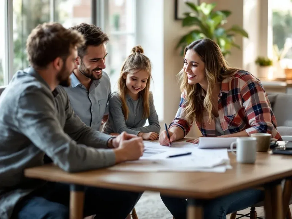 Four coworkers collaborating at a table with papers and coffee in a bright office