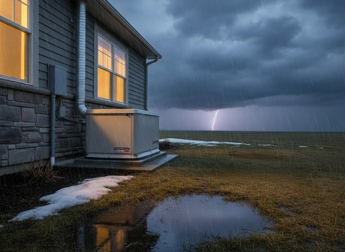 House by a stormy shore at dusk, with lightning over the water and a puddled yard