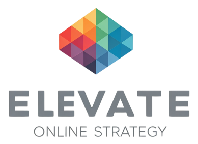 Elevate Online Strategy logo: geometric multi-colored shape above gray text.
