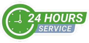 A 24 hours service logo with a clock in the middle.