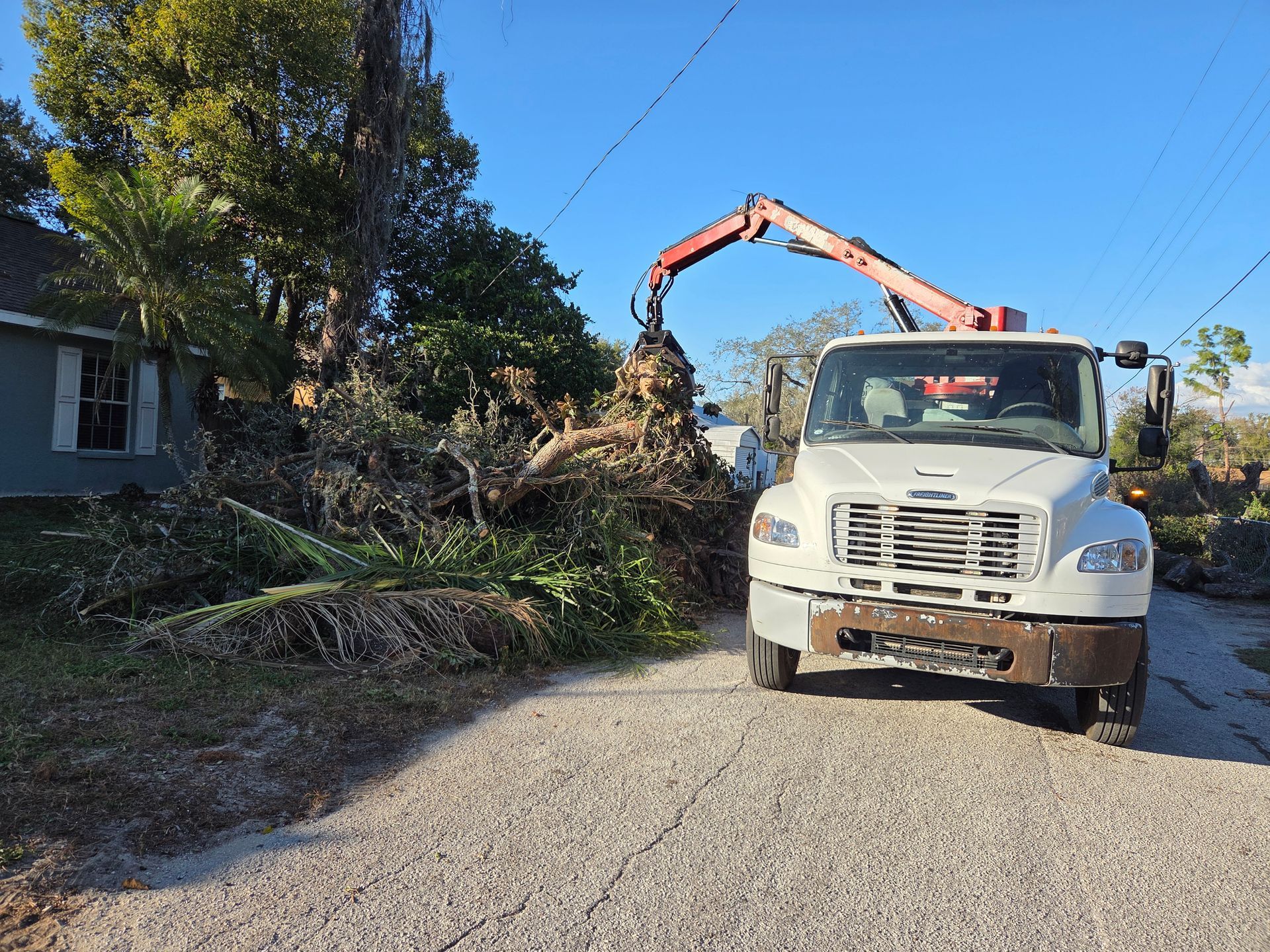 Grapple truck lifting tree debris near low‑hanging wires during a cleanup project in Plant City, Florida