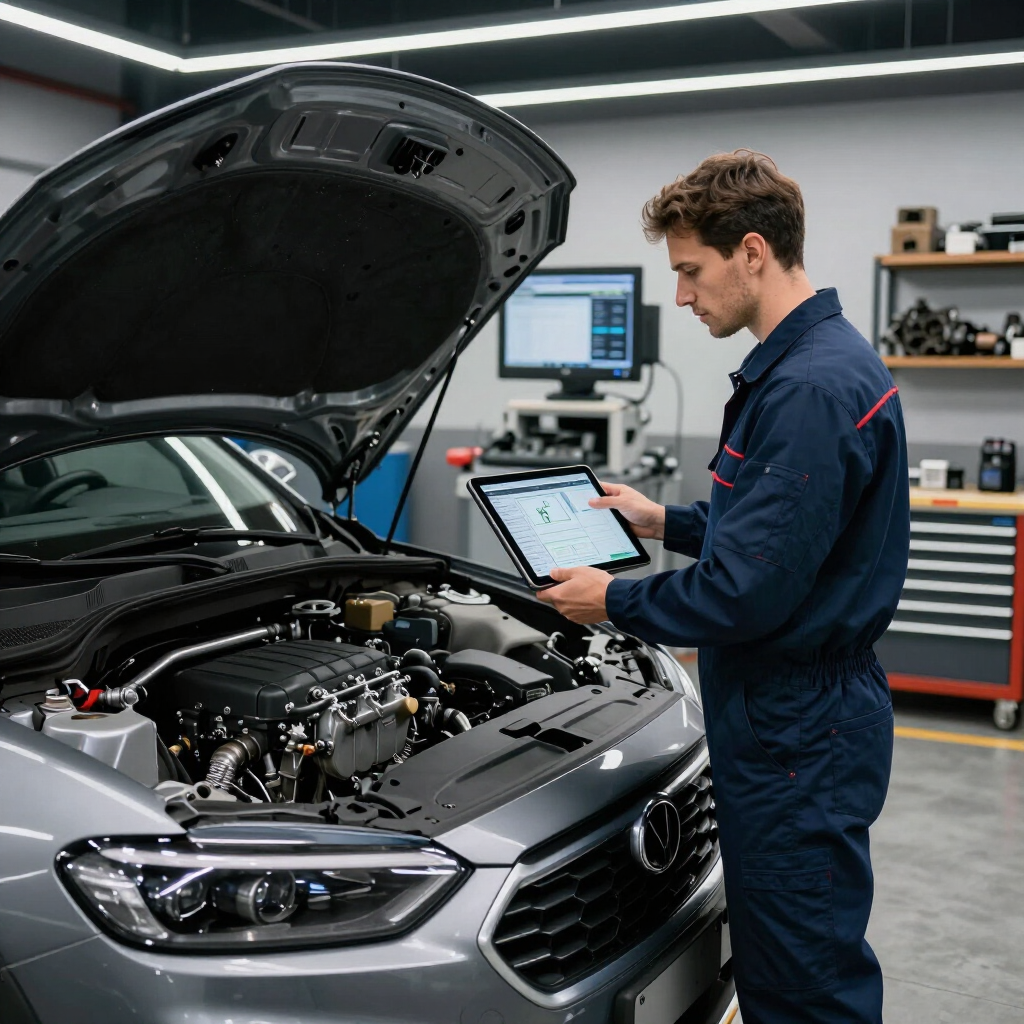 Mecánico revisando el motor de un coche plateado con una tableta en un taller mecánico.