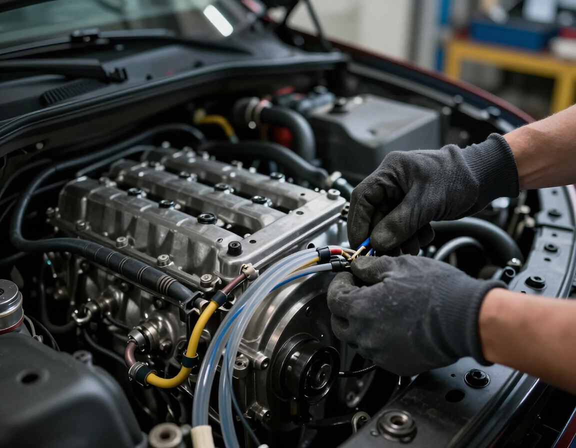 Manos enguantadas de un mecánico ajustando componentes del motor en un compartimento abierto para automóviles.