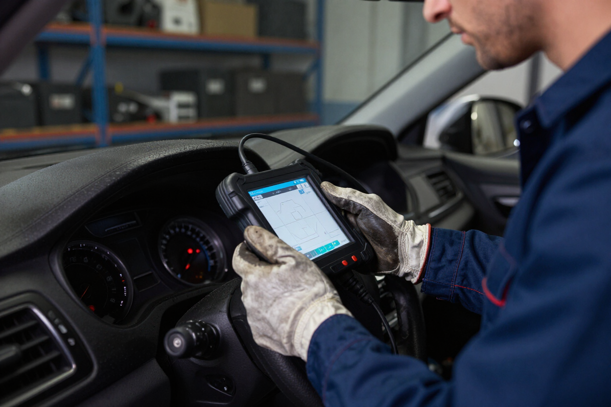 Mecánico utilizando una tableta de diagnóstico dentro de un automóvil durante la inspección del vehículo.