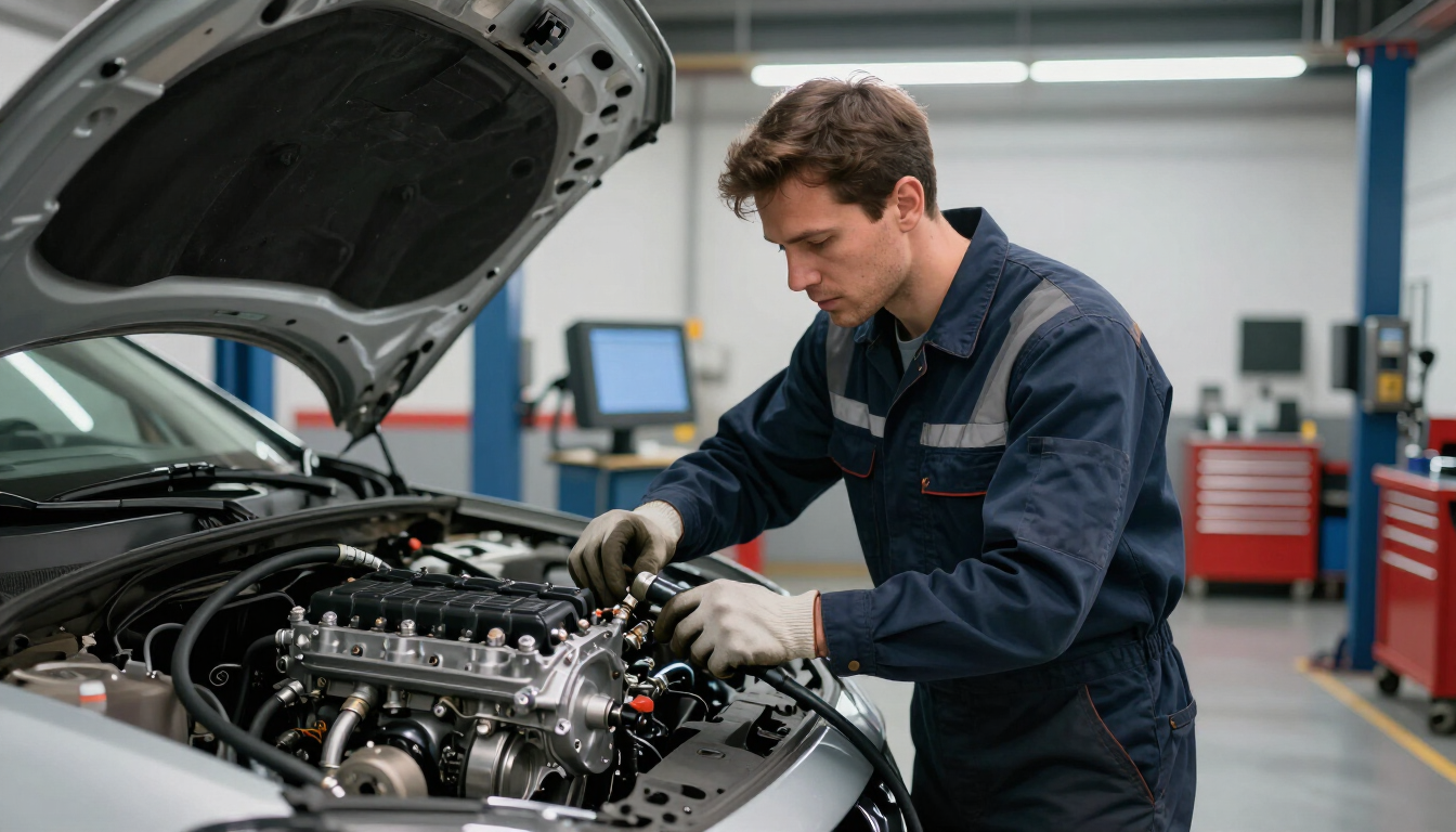 Mecánico inspeccionando el motor de un coche en un taller mecánico con el capó abierto.