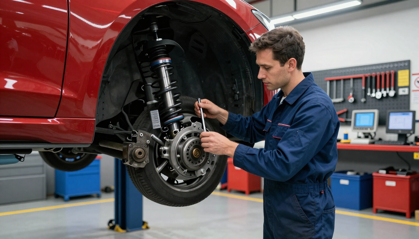 Mecánico inspeccionando el conjunto de la rueda delantera expuesta de un automóvil en un taller de reparación de automóviles.