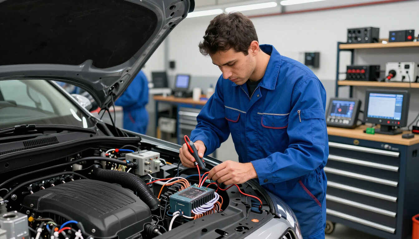 Mecánico con mono azul revisando el motor de un coche con herramientas de diagnóstico en un taller mecánico.