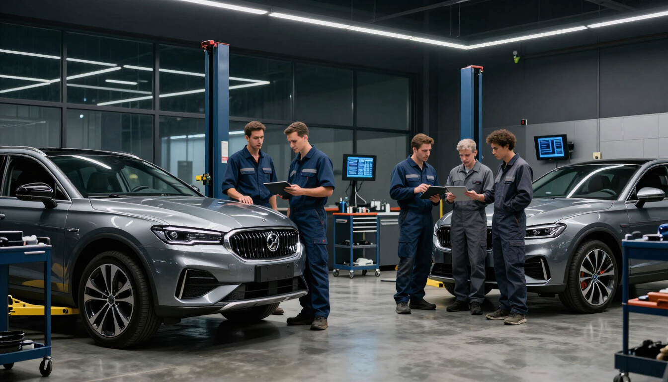 Mecánicos inspeccionando dos SUV grises en un taller mecánico moderno.