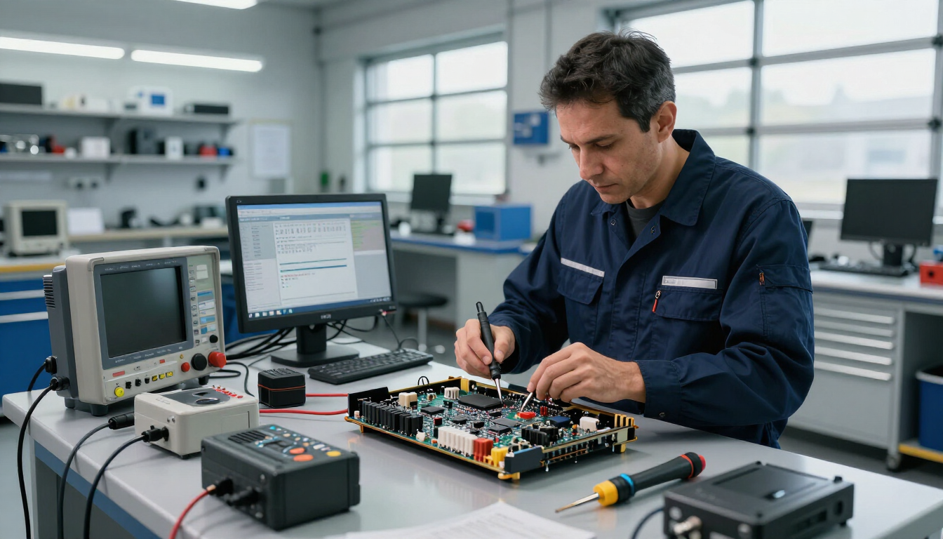 Técnico ensamblando placas de circuitos electrónicos en un laboratorio con equipos de prueba y monitores.