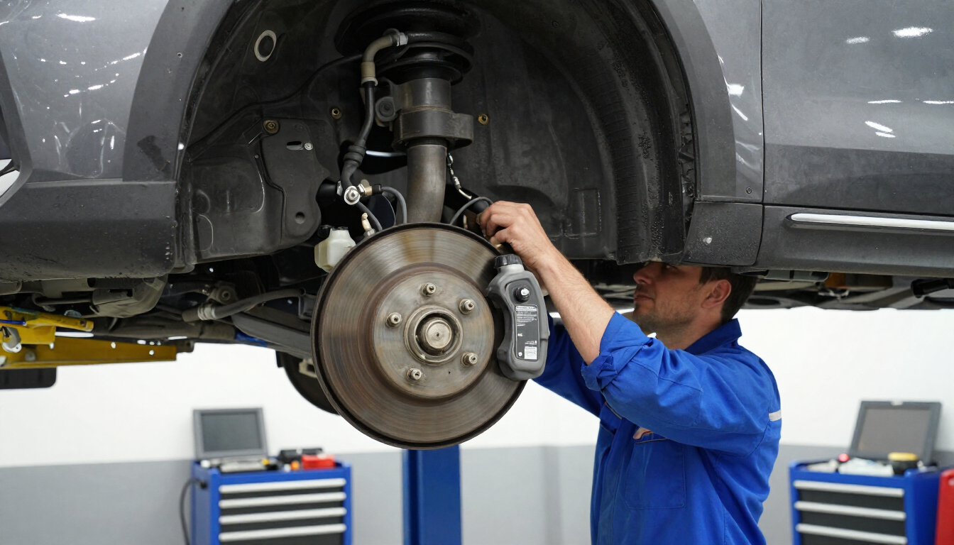 Mecánico con uniforme azul inspeccionando el conjunto de freno y rueda expuesto de un automóvil en un taller.