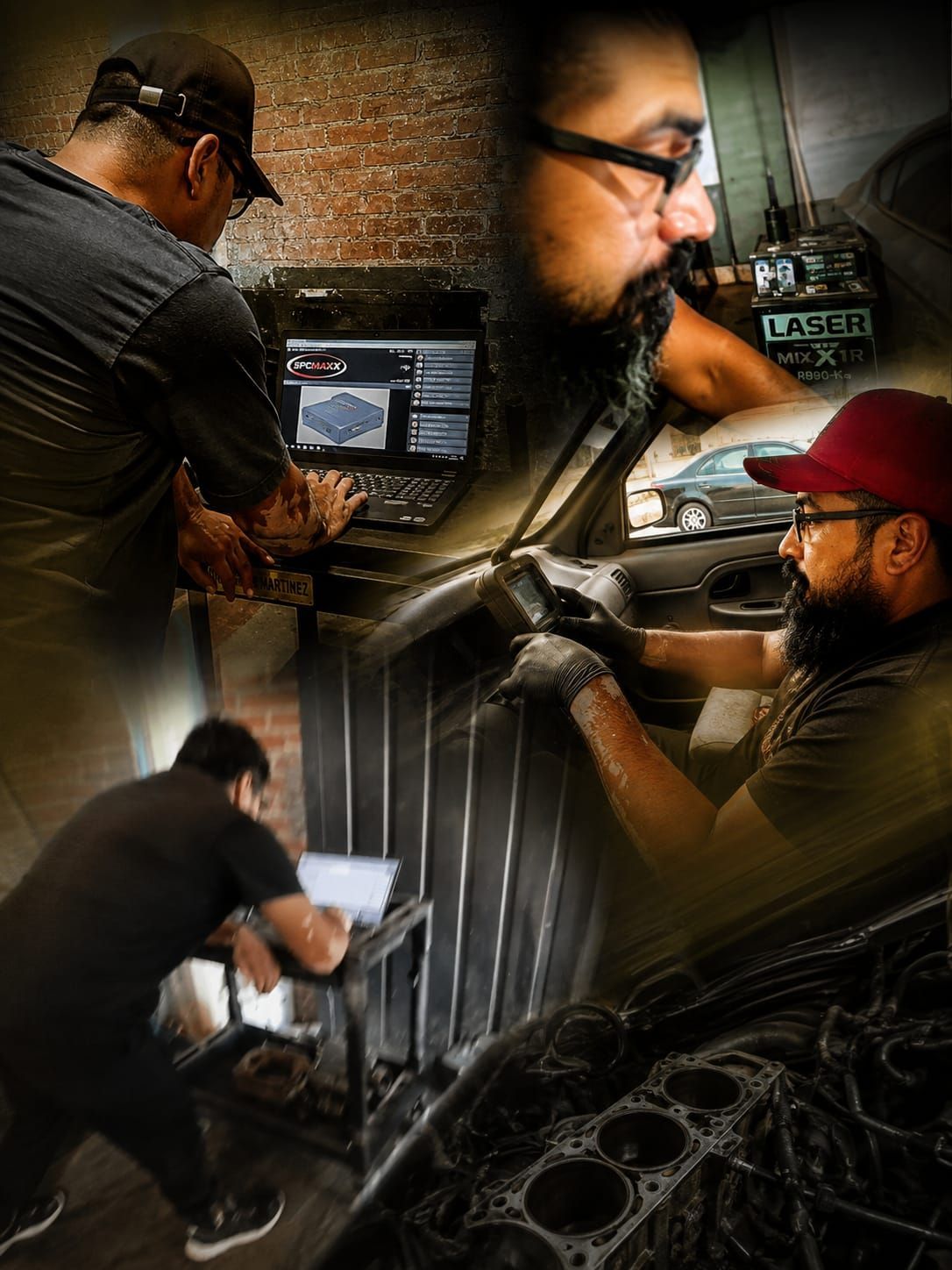 Mecánico inspeccionando el motor de un coche con una tableta en un taller.