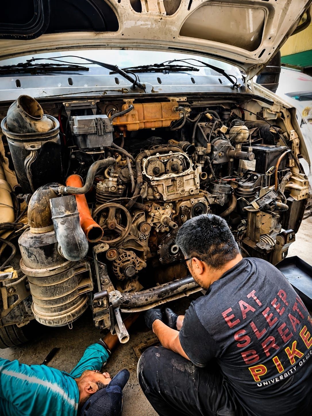 Un mecánico ensambla un motor en un banco de trabajo metálico en un taller, con herramientas y piezas cerca.