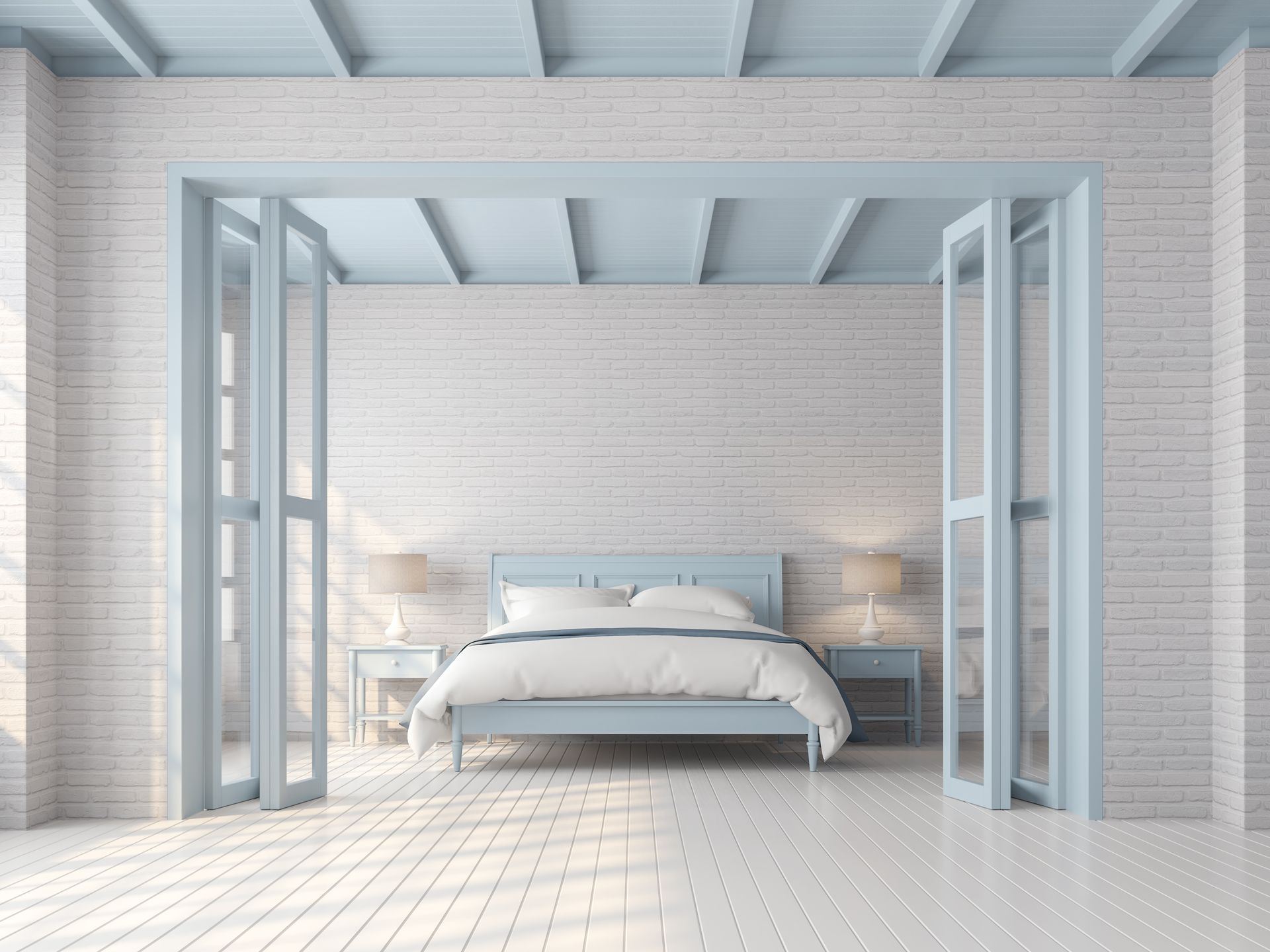 Bedroom with a light blue bed frame, doors, and ceiling. White brick walls and flooring. Bedroom with a light blue bed frame, doors, and ceiling. White brick walls and flooring.