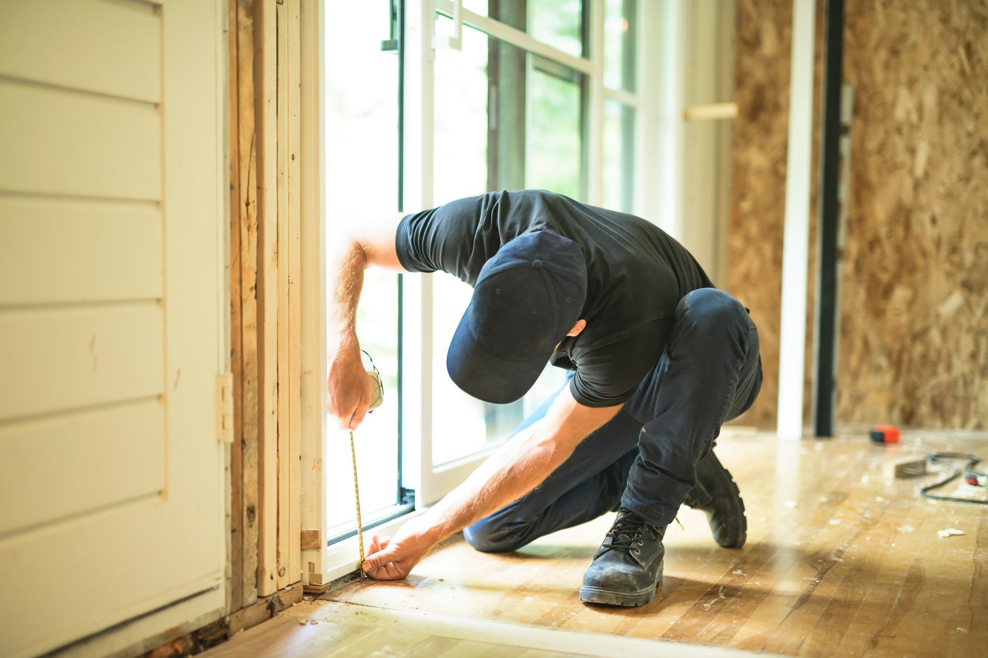 Person kneeling, installing weather stripping around a door frame, indoors. Person kneeling, installing weather stripping around a door frame, indoors.