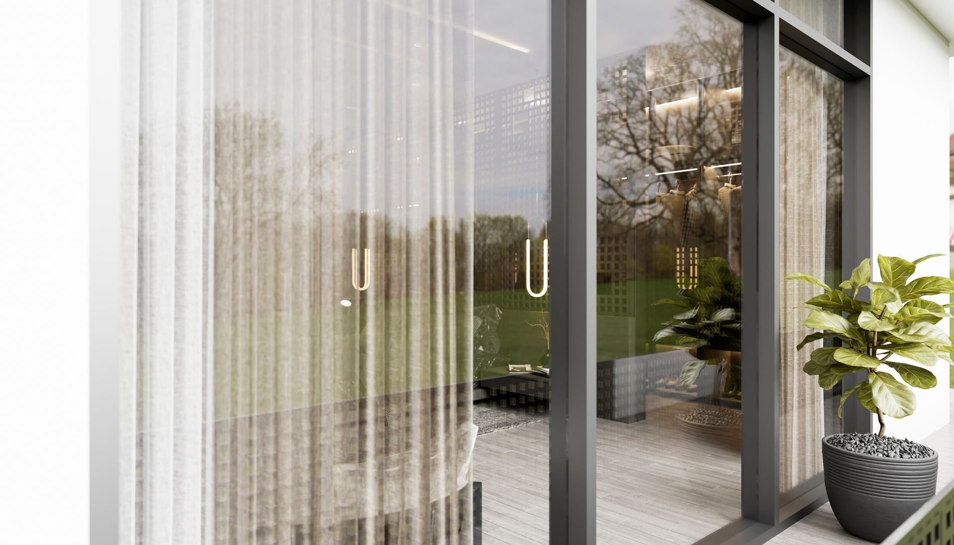 Glass doors with vertical blinds open to a backyard view. A potted plant sits on the sill.