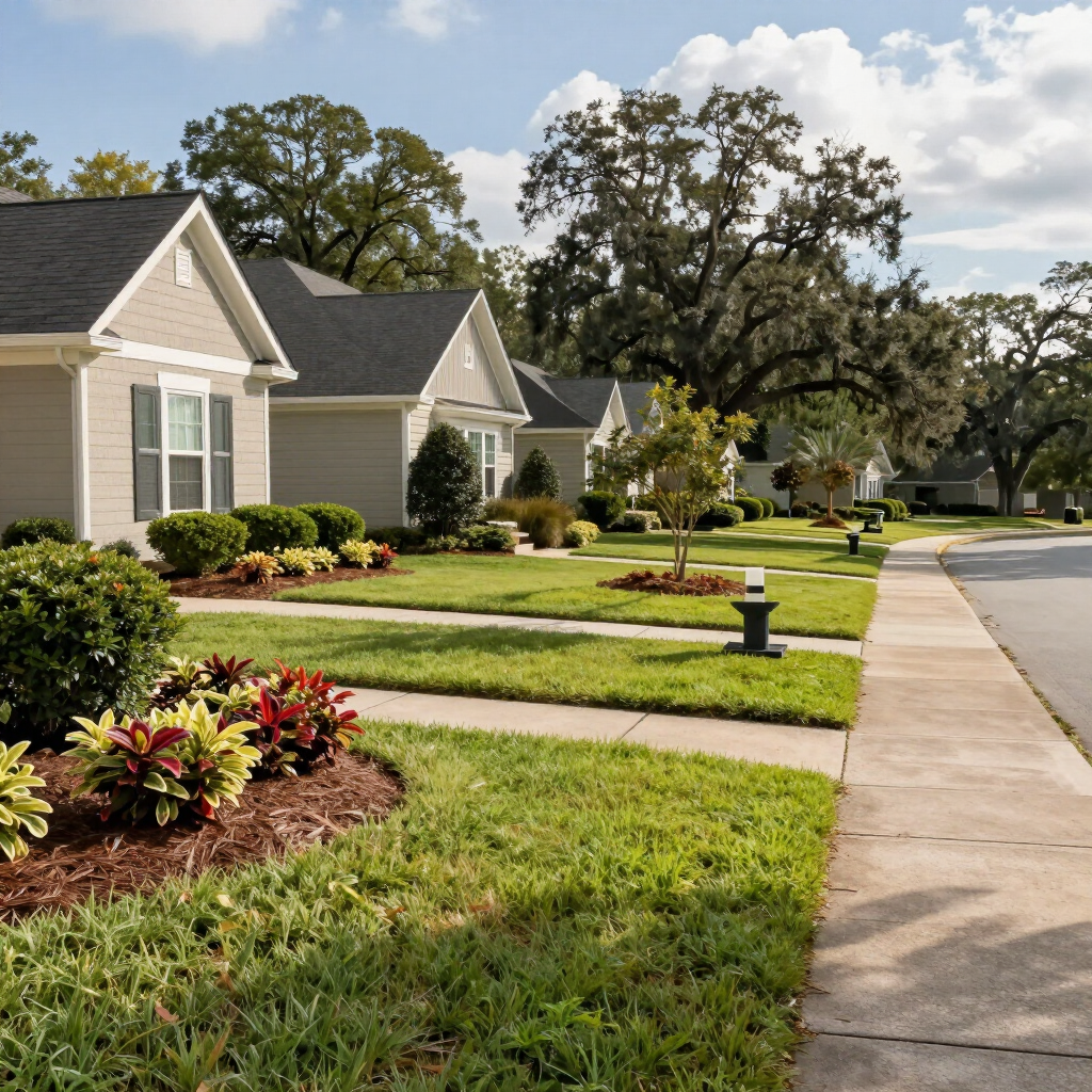 Two landscapers mowing grass in a neat suburban neighborhood with row houses and flower beds