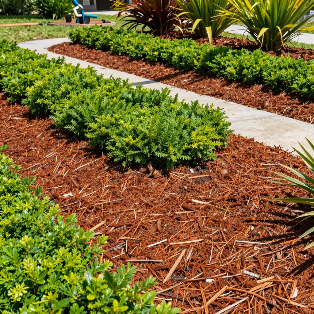Curved garden path bordered by low green shrubs and mulch under bright sunlight