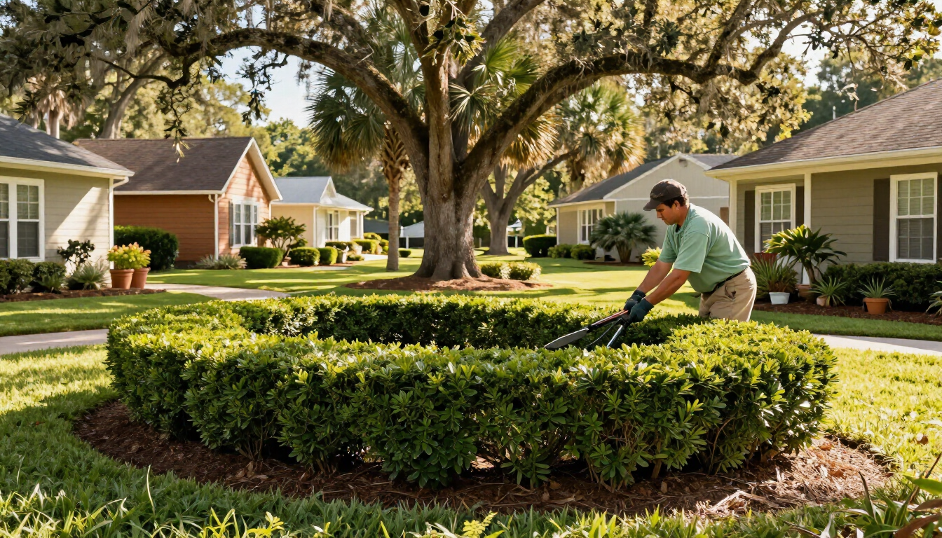 Person trimming a circular hedge in a suburban neighborhood with houses and a large tree nearby