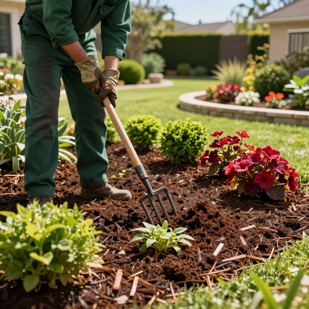 Gardener raking soil in a flower bed with red and green plants in a sunny yard