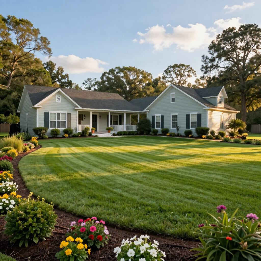Single-story gray house with a large striped lawn and colorful flower beds at sunset