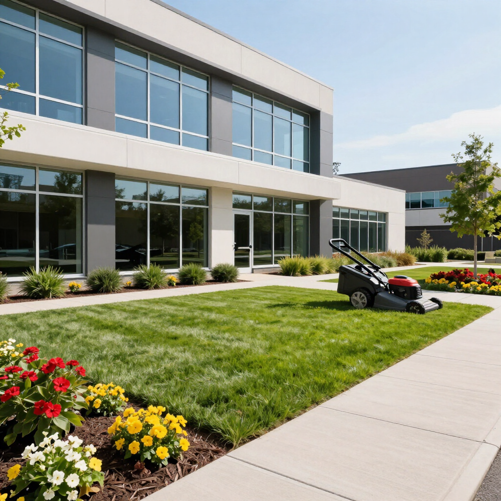 Modern office building with large windows, landscaped lawn, and a red lawn mower on the grass.