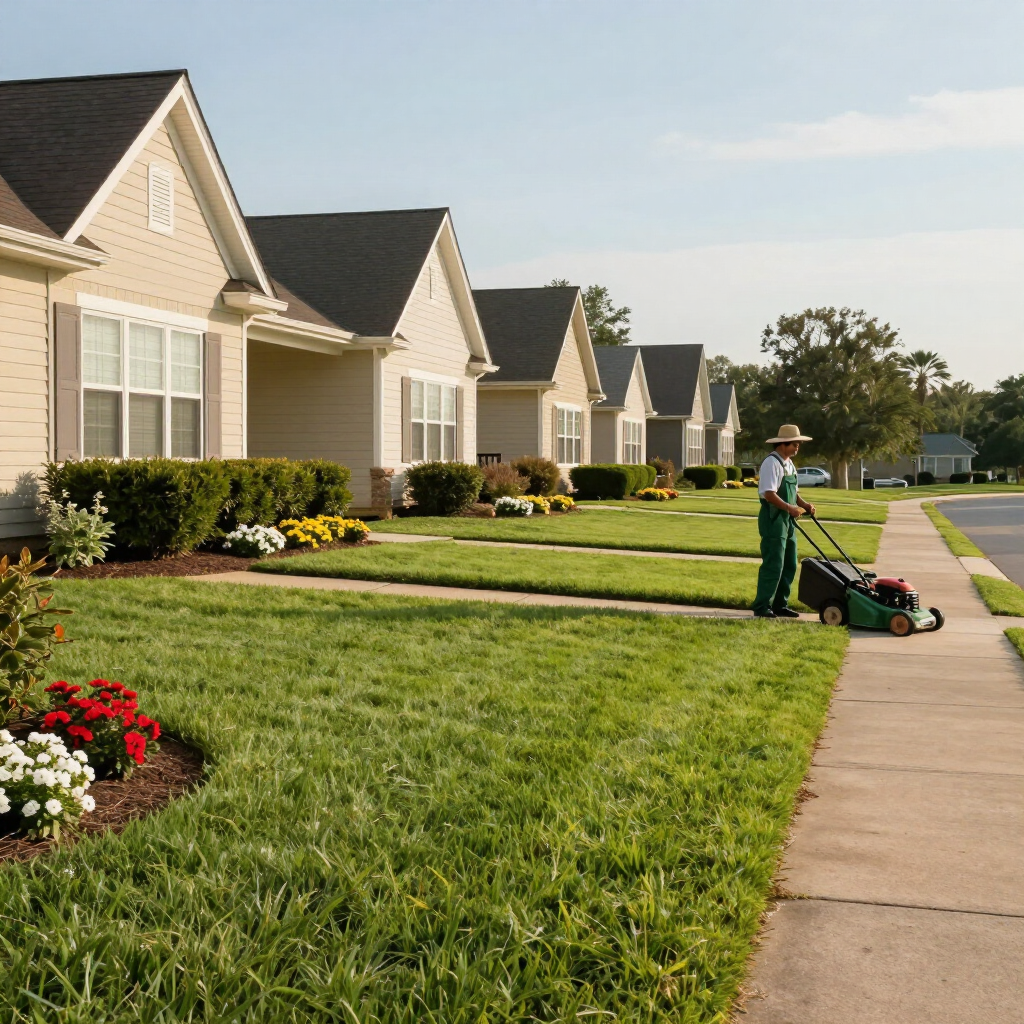 Lawn care worker mowing a green suburban lawn beside beige houses on a sunny day