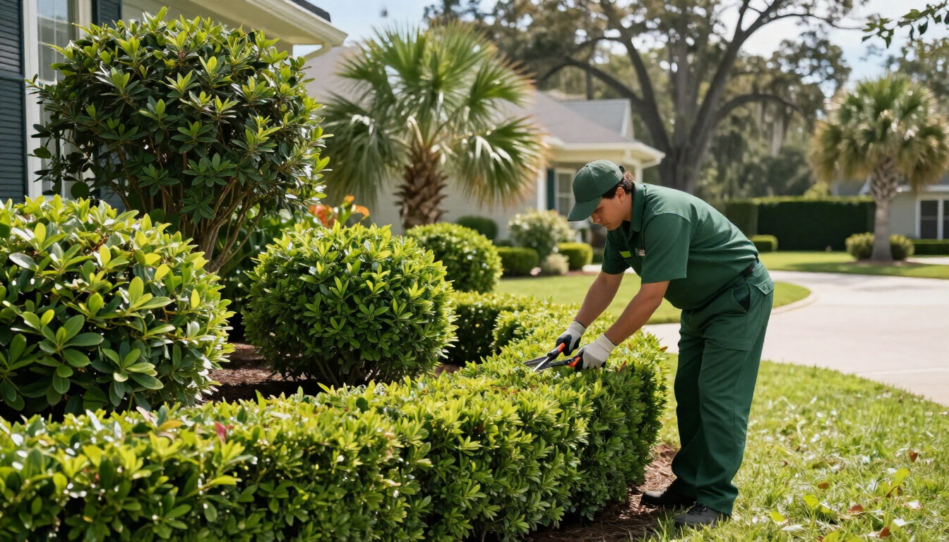 Gardener in green uniform trimming a hedge in a suburban yard on a sunny day