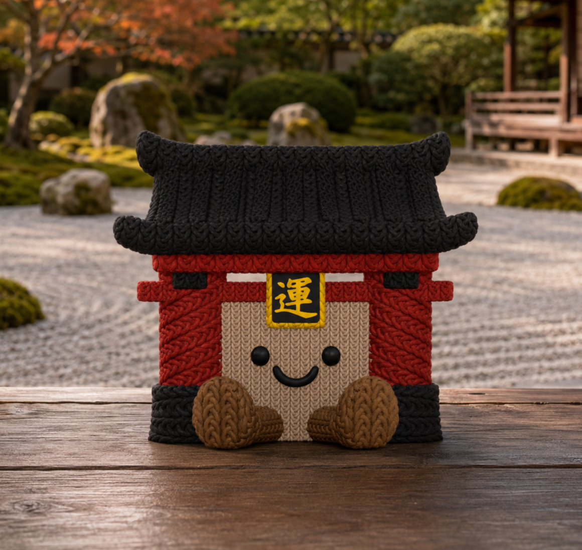 Akio the Torii Gate, a red-and-black crochet-style Buddy sitting in a peaceful Japanese garden.