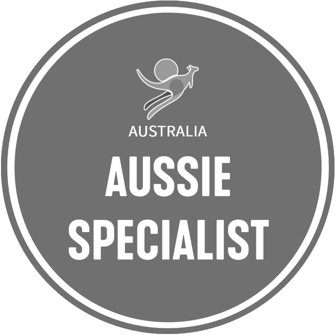 Gray circular badge with a white kangaroo and text