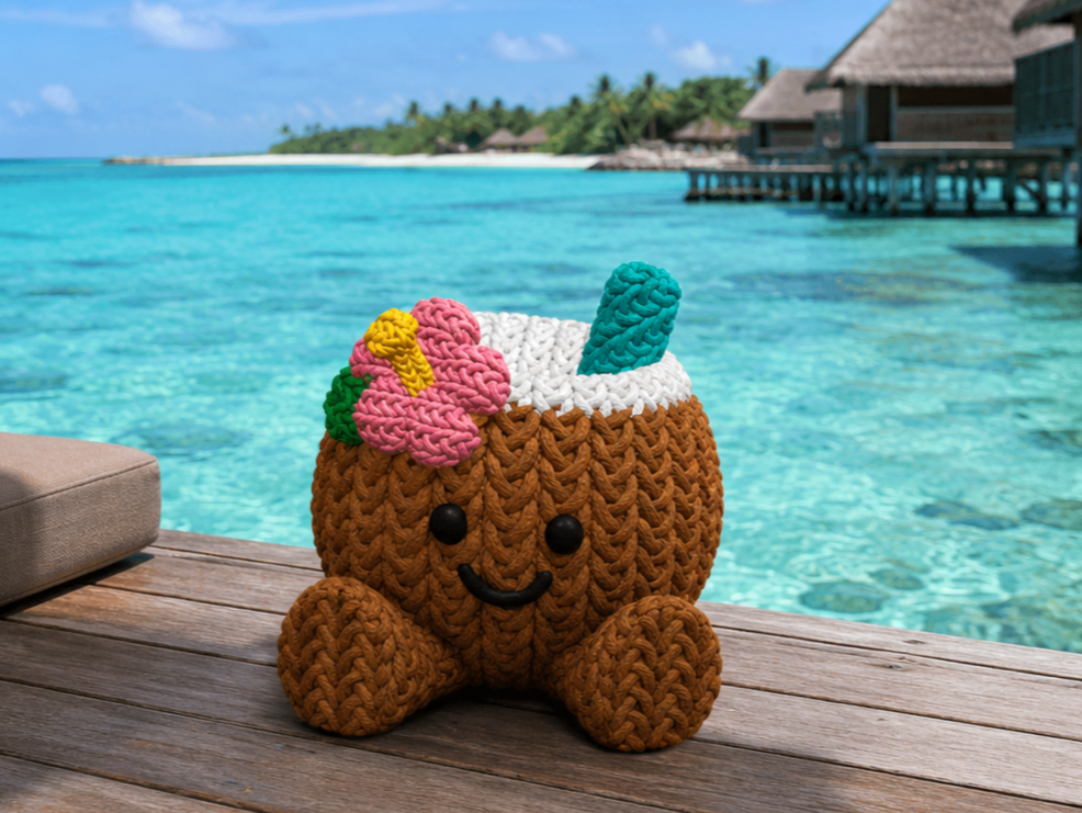 Coco the Coconut, a crochet-style coconut Buddy relaxing beside clear turquoise water on a tropical beach.